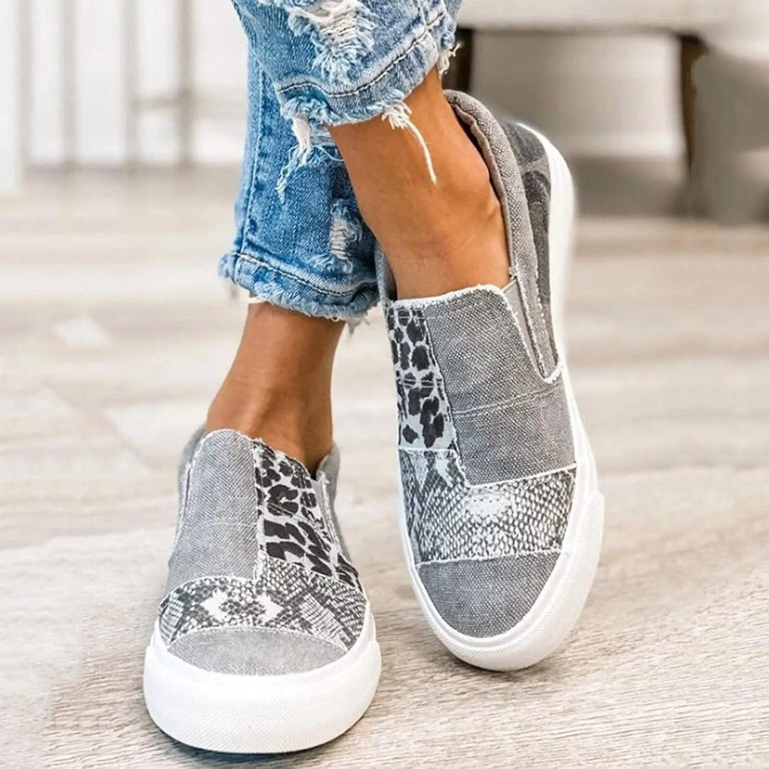 Canvas Walking Shoes for Women Wide Width Women's Slip on Shoes Non Slip Fashion Canvas Sneakers Low Top Casual Washed and Leopard Fashion Sneaker Driving Walking Work Going Out Sports Flat Footwear