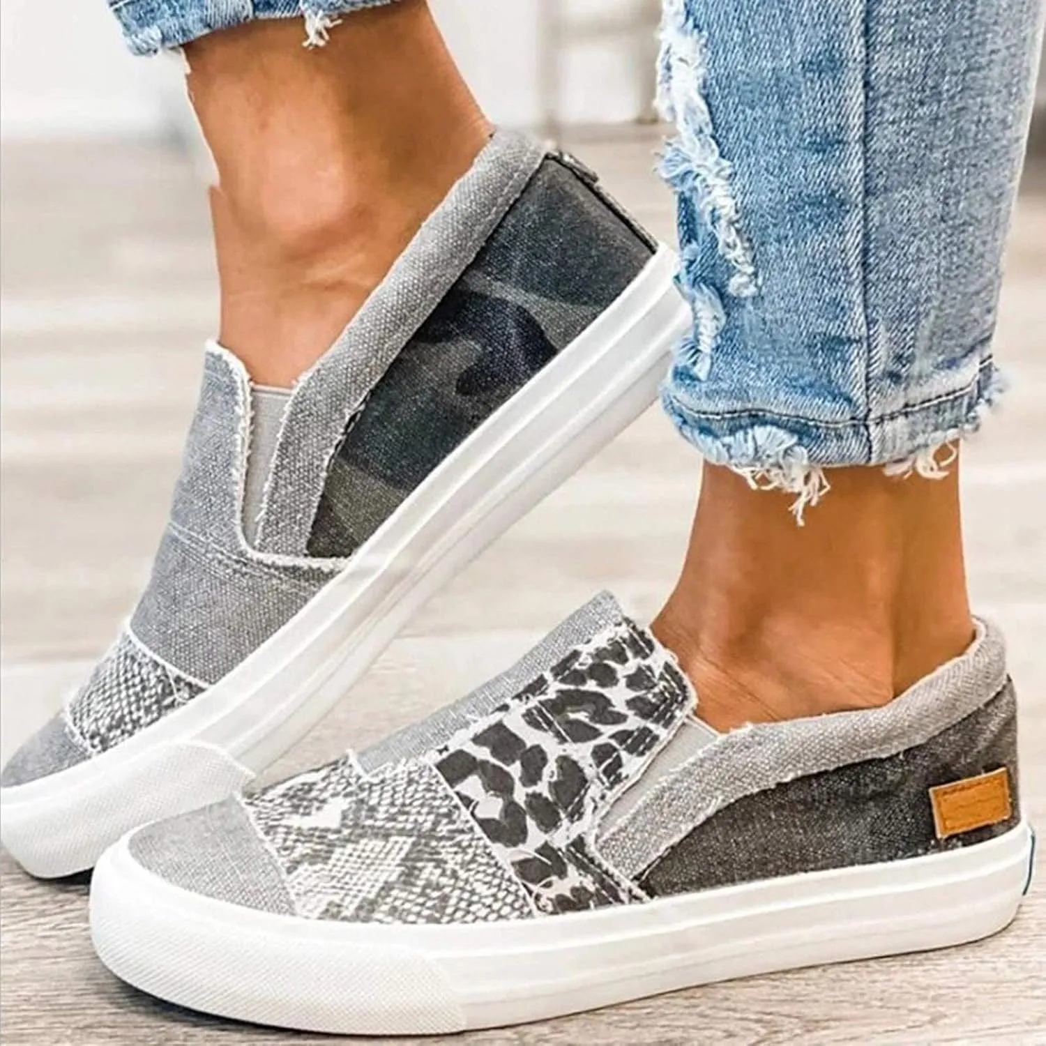 Canvas Walking Shoes for Women Wide Width Women's Slip on Shoes Non Slip Fashion Canvas Sneakers Low Top Casual Washed and Leopard Fashion Sneaker Driving Walking Work Going Out Sports Flat Footwear