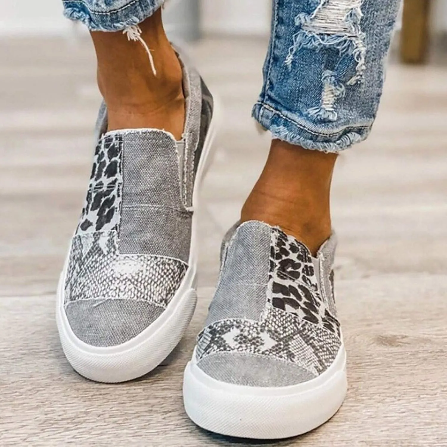Canvas Walking Shoes for Women Wide Width Women's Slip on Shoes Non Slip Fashion Canvas Sneakers Low Top Casual Washed and Leopard Fashion Sneaker Driving Walking Work Going Out Sports Flat Footwear