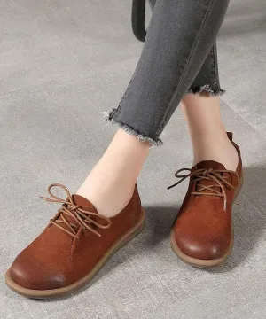 Casual Cross Strap Flat Shoes Brown Cowhide Leather