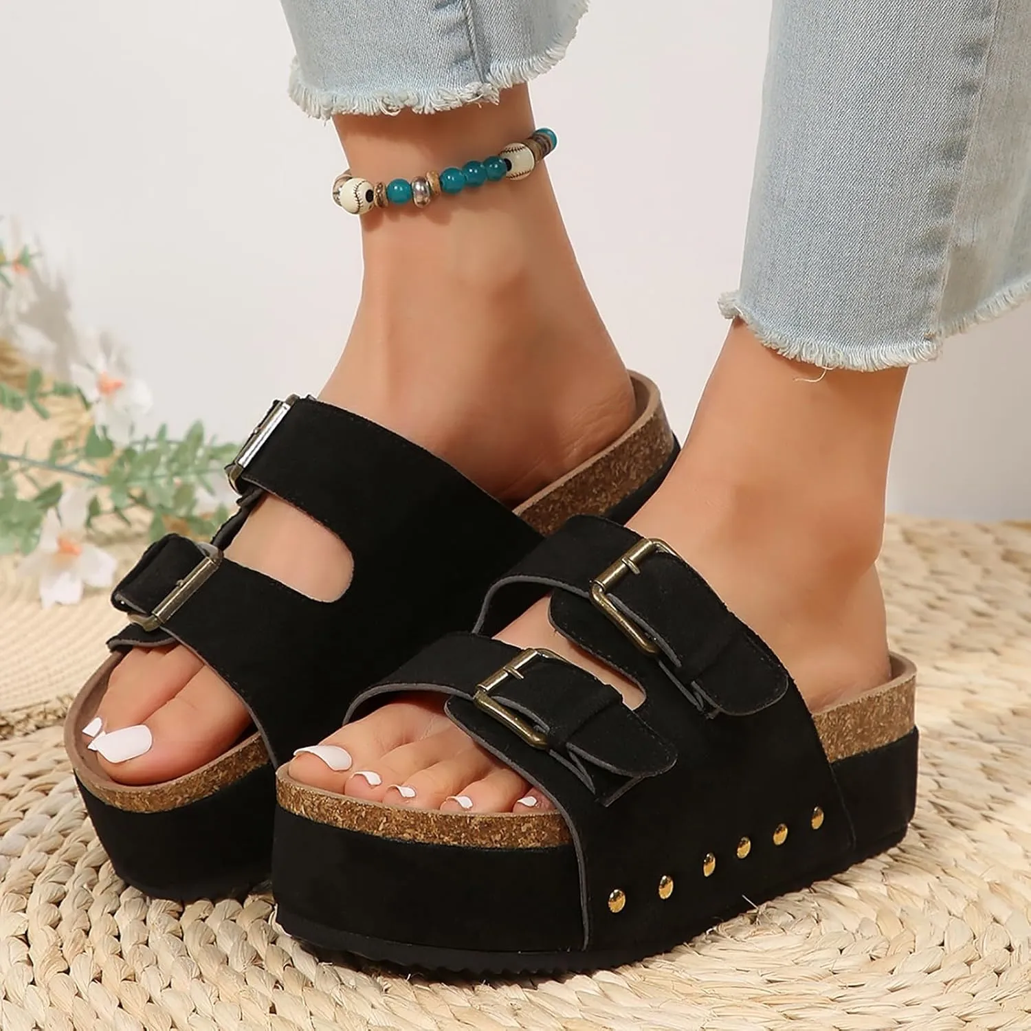 Cathalem Flat Sandals Women Genuine Leather Memory Foam Beach Essentials Womens Sandals Cork Footbed Women's Sandals