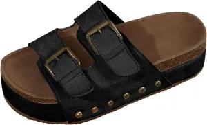 Cathalem Flat Sandals Women Genuine Leather Memory Foam Beach Essentials Womens Sandals Cork Footbed Women's Sandals
