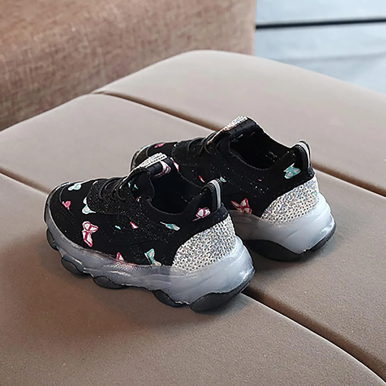Children's Sneakers Butterfly Print LED Light Shoes Daddy Shoes Lacing Breathable Soft Soles Toddler Athletic Shoes