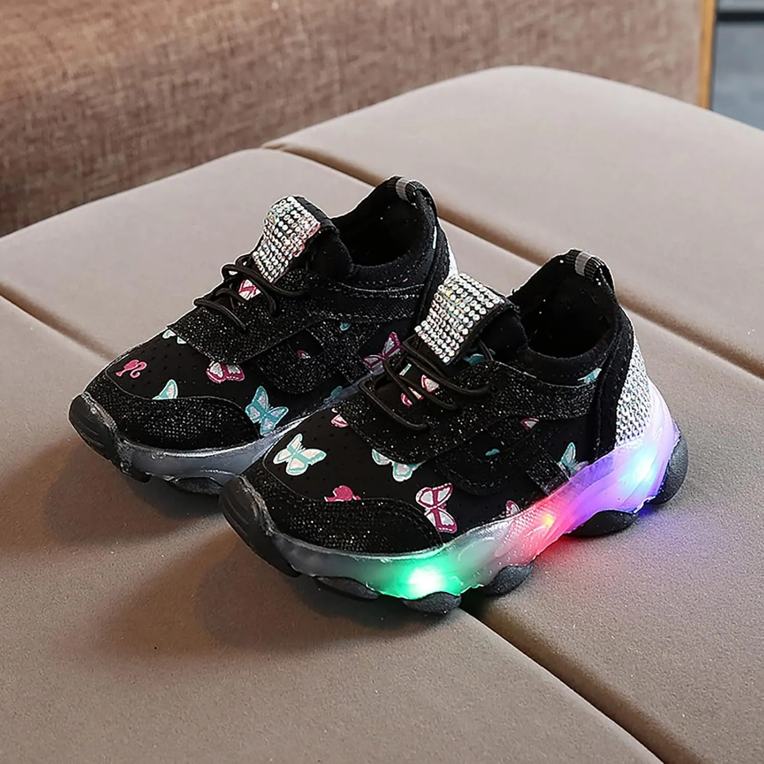 Children's Sneakers Butterfly Print LED Light Shoes Daddy Shoes Lacing Breathable Soft Soles Toddler Athletic Shoes