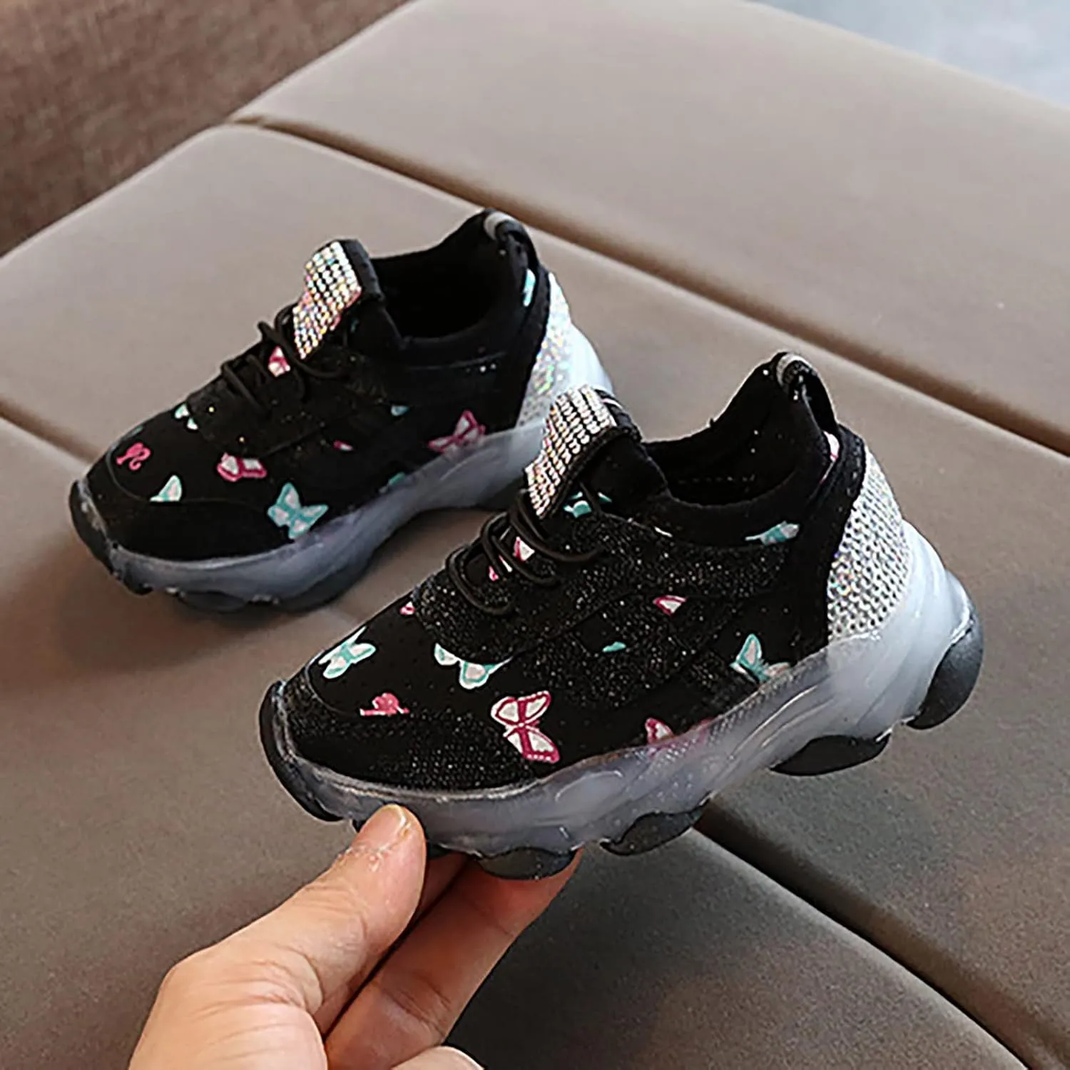 Children's Sneakers Butterfly Print LED Light Shoes Daddy Shoes Lacing Breathable Soft Soles Toddler Athletic Shoes