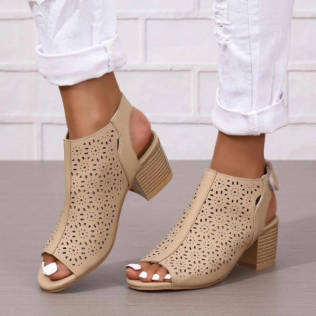 Chunky Heels for Women Dressy Open Toe Cut Out Block Heeled Sandal Booties Geometric Laser Cutout Ankle Strap Sandal Elegant Wedding Going Out Sandals Breathable Comfortable Lightweight Fashion Shoes