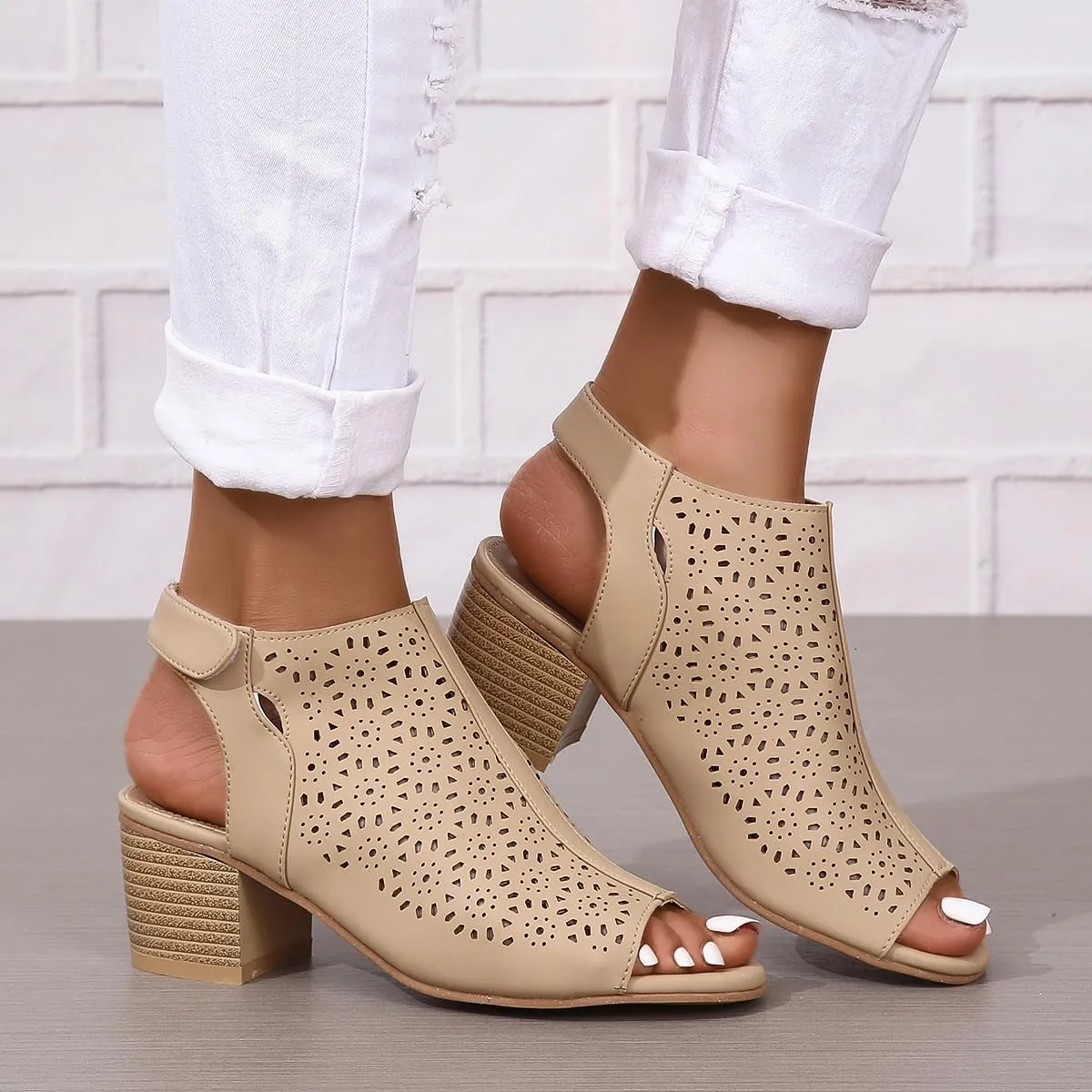Chunky Heels for Women Dressy Open Toe Cut Out Block Heeled Sandal Booties Geometric Laser Cutout Ankle Strap Sandal Elegant Wedding Going Out Sandals Breathable Comfortable Lightweight Fashion Shoes