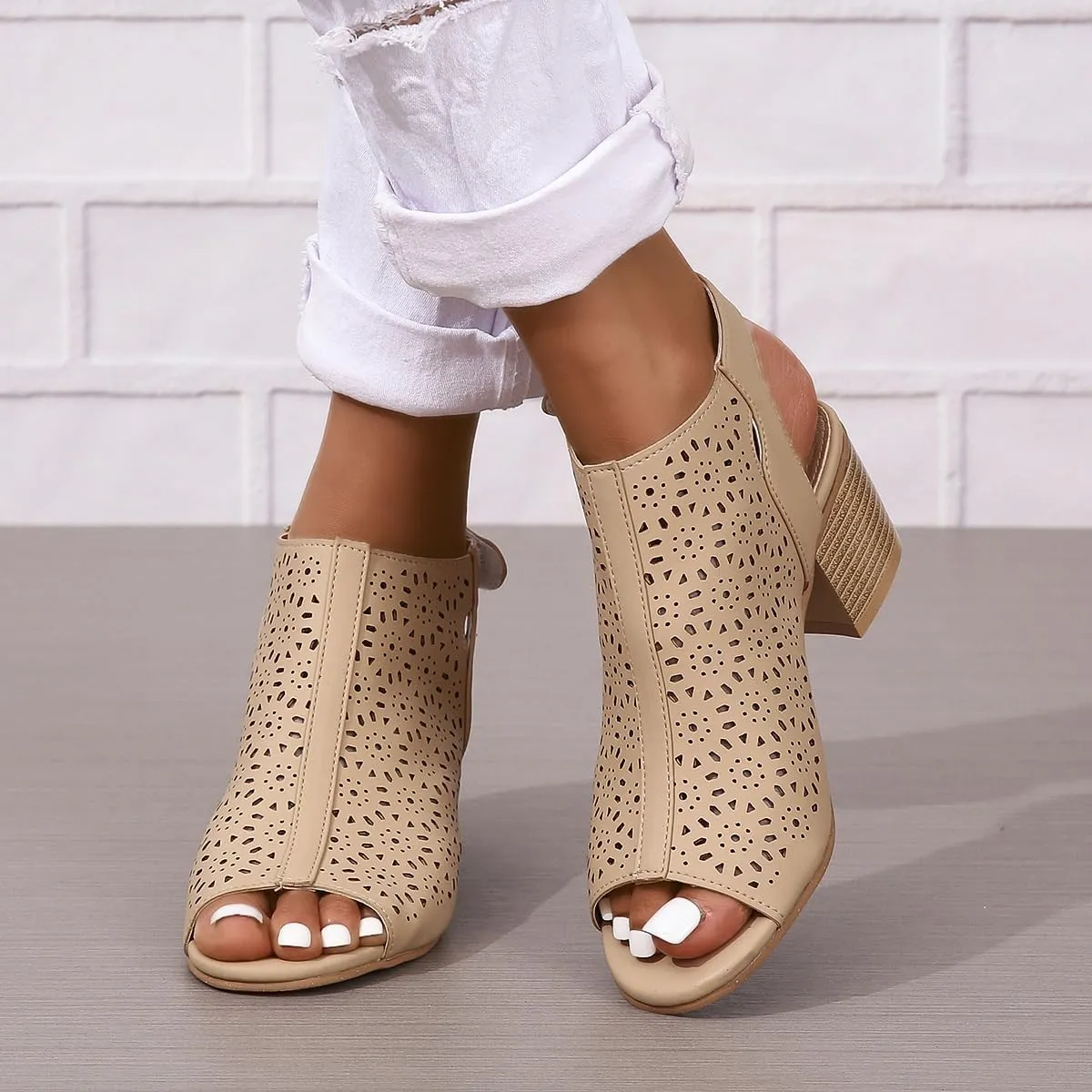 Chunky Heels for Women Dressy Open Toe Cut Out Block Heeled Sandal Booties Geometric Laser Cutout Ankle Strap Sandal Elegant Wedding Going Out Sandals Breathable Comfortable Lightweight Fashion Shoes