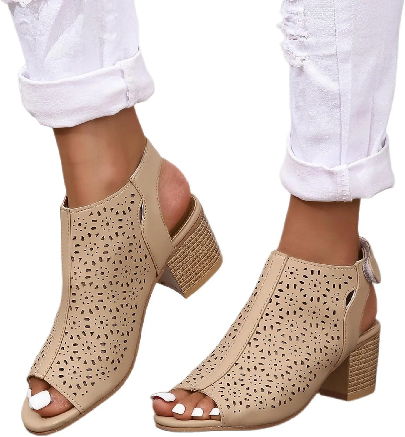 Chunky Heels for Women Dressy Open Toe Cut Out Block Heeled Sandal Booties Geometric Laser Cutout Ankle Strap Sandal Elegant Wedding Going Out Sandals Breathable Comfortable Lightweight Fashion Shoes