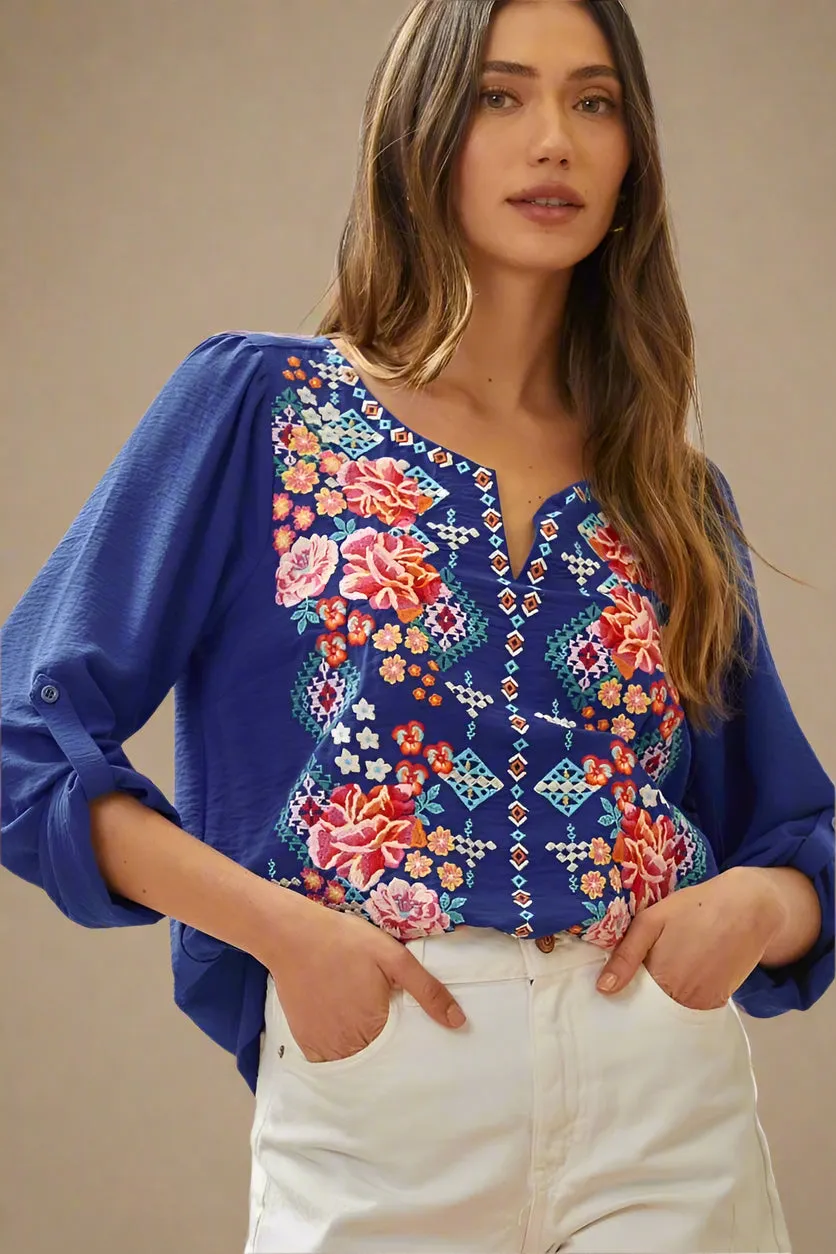 Classic Blouse With Embroidery - Royal Blue