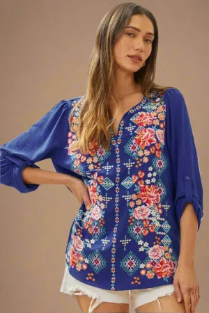 Classic Blouse With Embroidery - Royal Blue