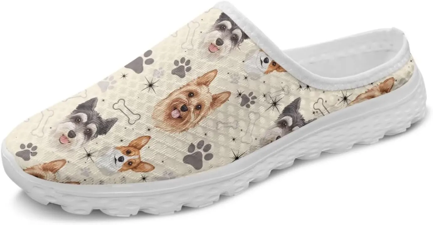 Dog Print Womens Mules Slip on Sneaker Round Toe Classic Garden Clogs Low Top Loafers Tennis Shoes