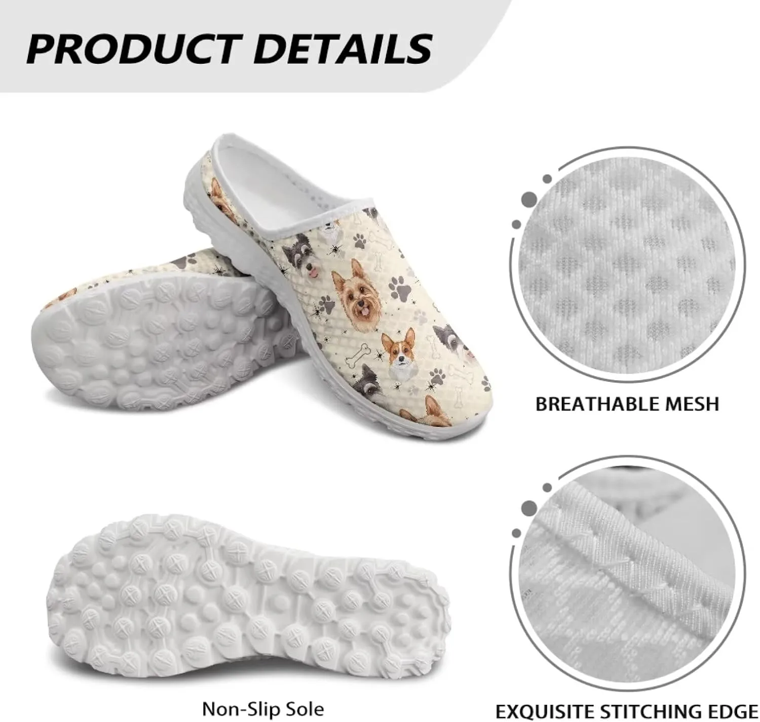 Dog Print Womens Mules Slip on Sneaker Round Toe Classic Garden Clogs Low Top Loafers Tennis Shoes