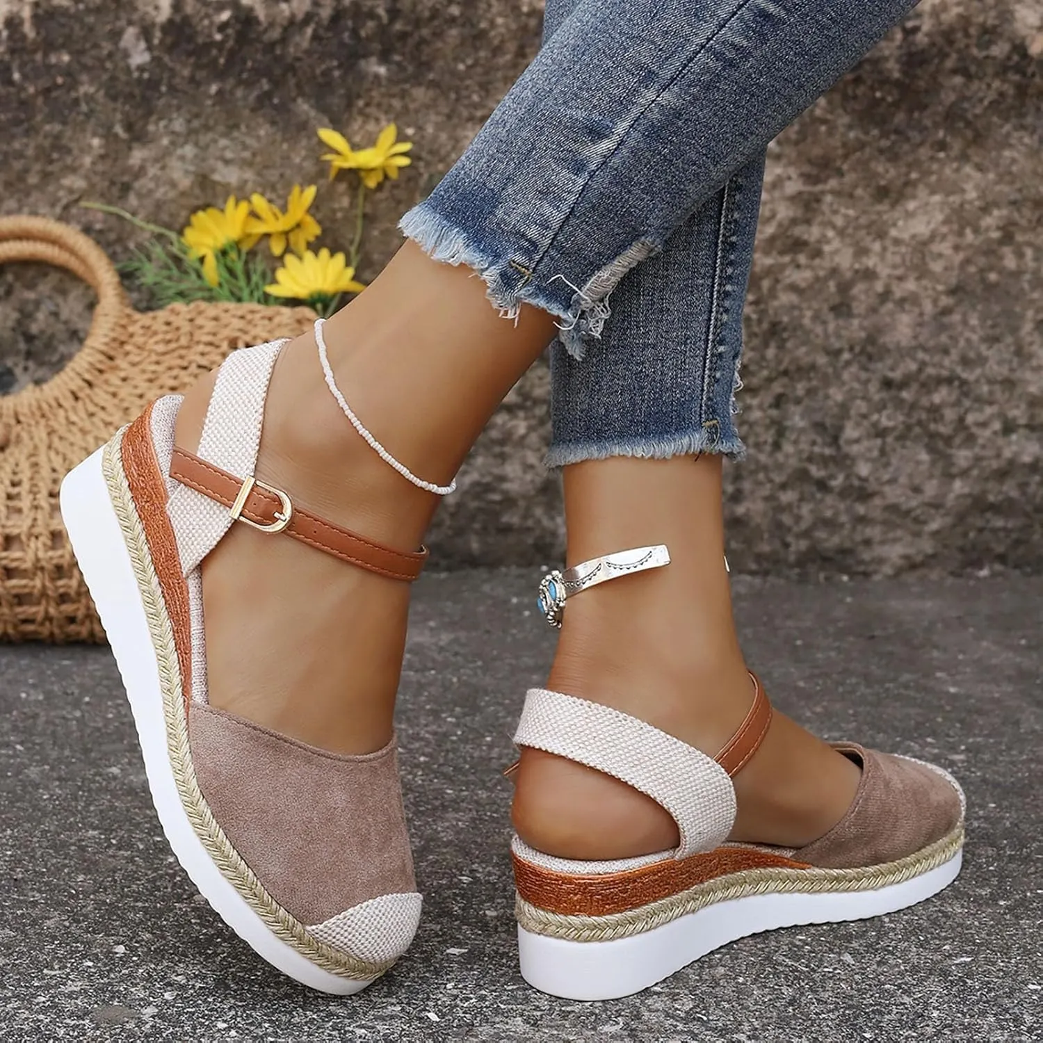 Dressy Sandal Vacation Slingback Court Wedges Sandals For Women Canvas Espadrille Wedge Shoes