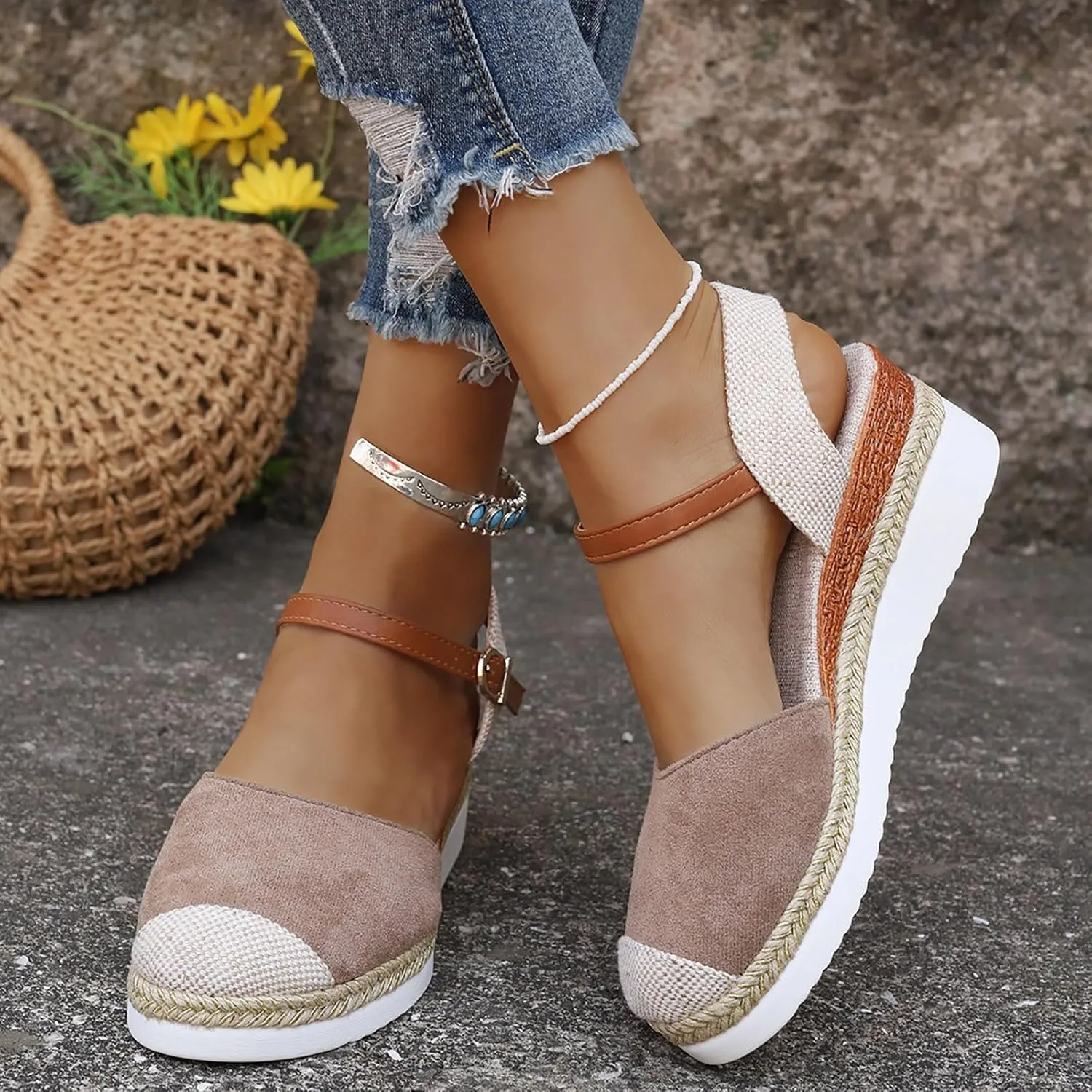 Dressy Sandal Vacation Slingback Court Wedges Sandals For Women Canvas Espadrille Wedge Shoes