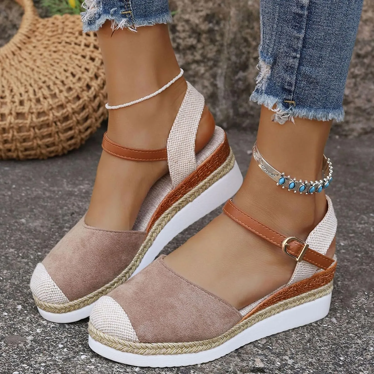 Dressy Sandal Vacation Slingback Court Wedges Sandals For Women Canvas Espadrille Wedge Shoes