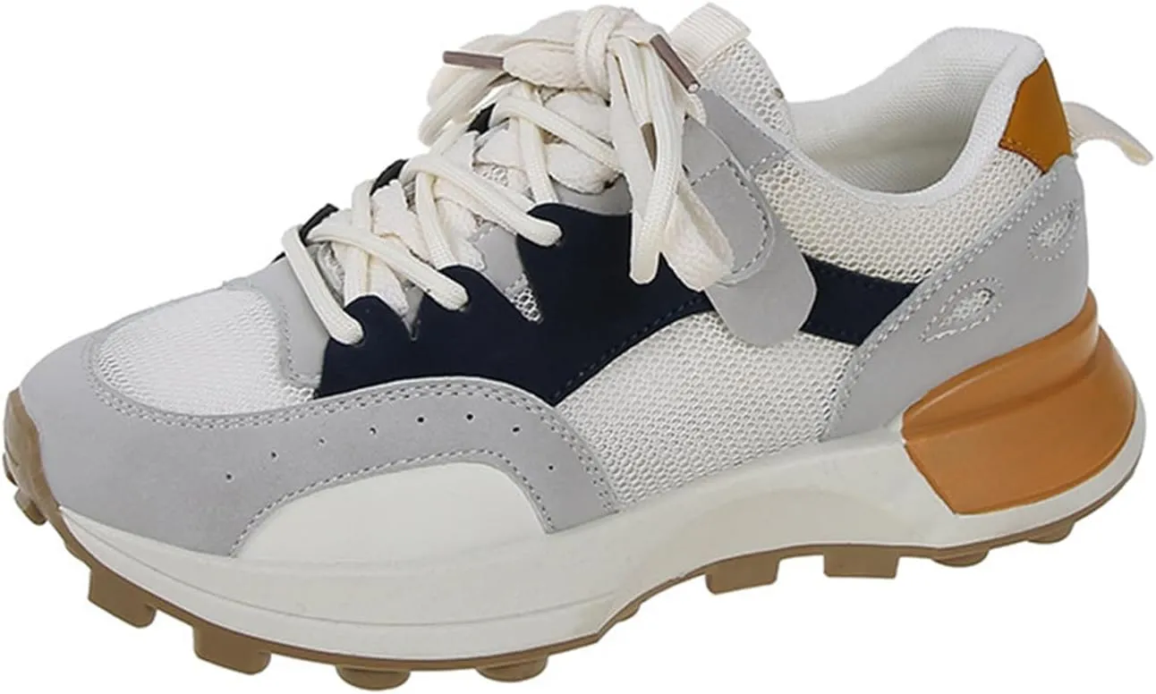 Fashion Two Tone Leather Platform Lace Up Sneakers for Women Casual Round Toe Non-Slip Walking Sport Workout Driving Tennis Shoes