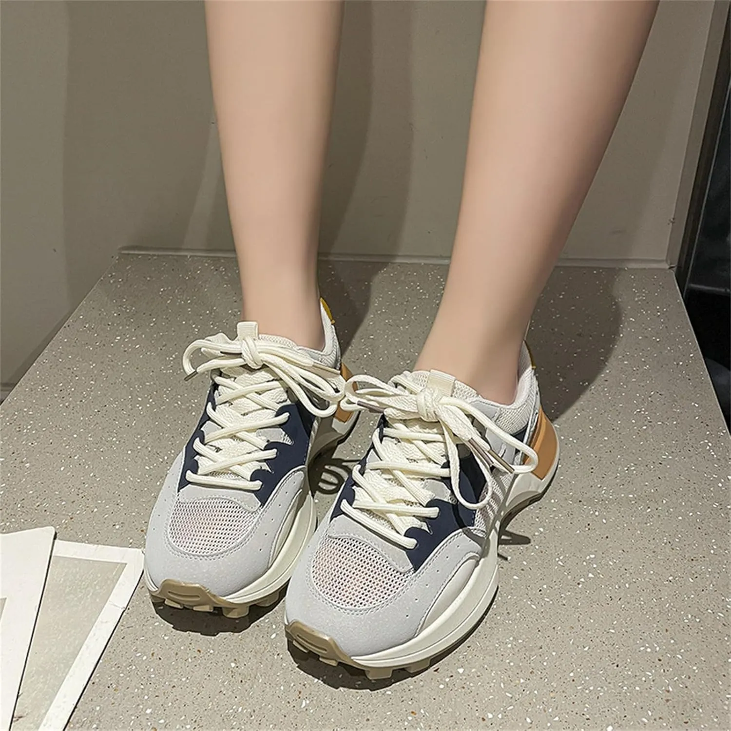 Fashion Two Tone Leather Platform Lace Up Sneakers for Women Casual Round Toe Non-Slip Walking Sport Workout Driving Tennis Shoes