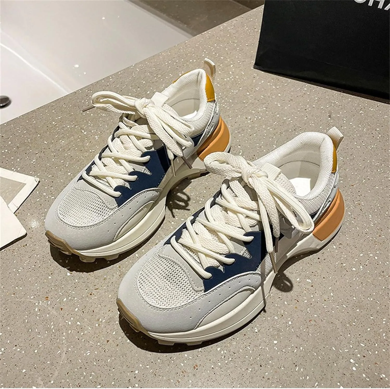 Fashion Two Tone Leather Platform Lace Up Sneakers for Women Casual Round Toe Non-Slip Walking Sport Workout Driving Tennis Shoes