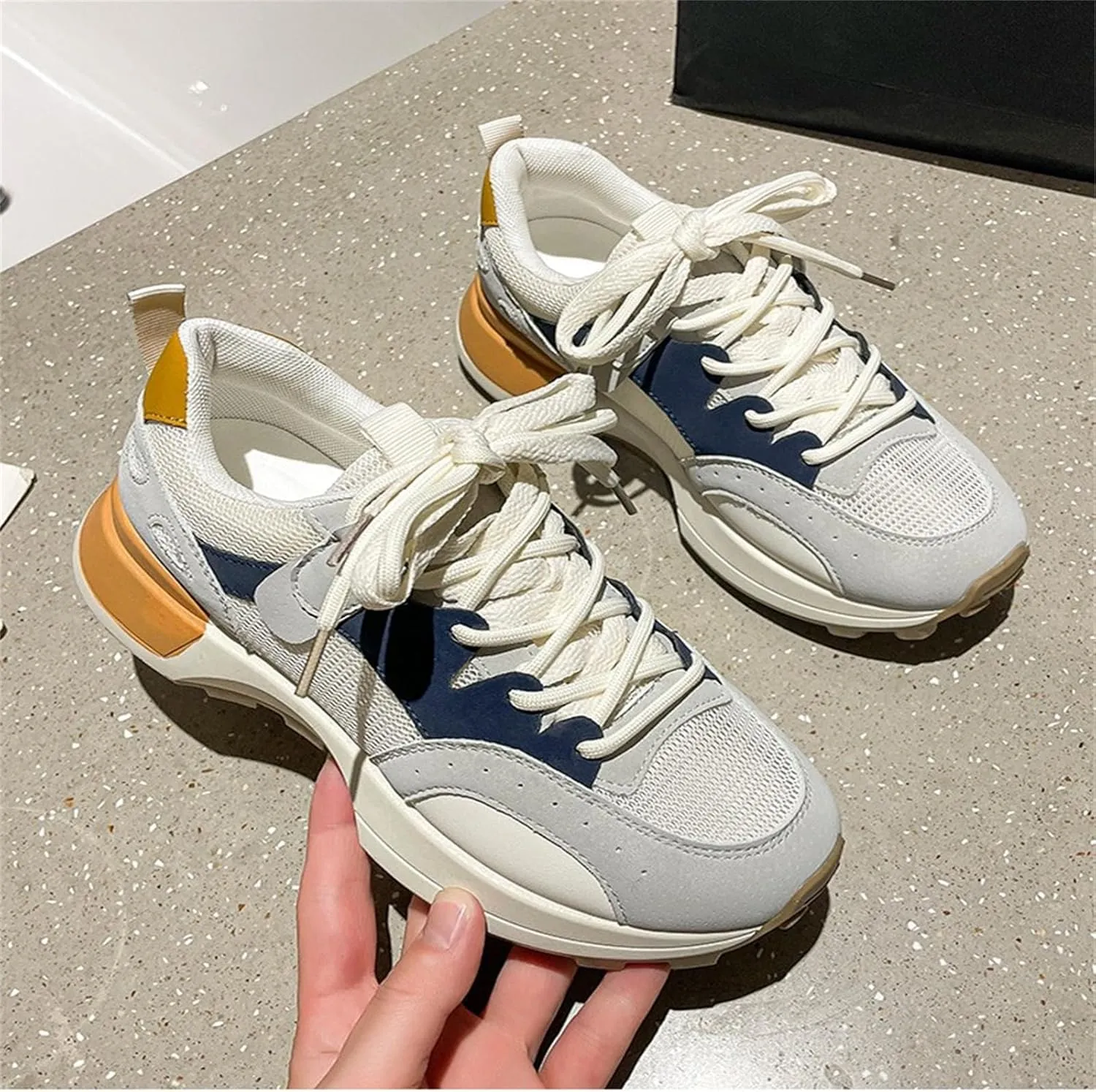 Fashion Two Tone Leather Platform Lace Up Sneakers for Women Casual Round Toe Non-Slip Walking Sport Workout Driving Tennis Shoes