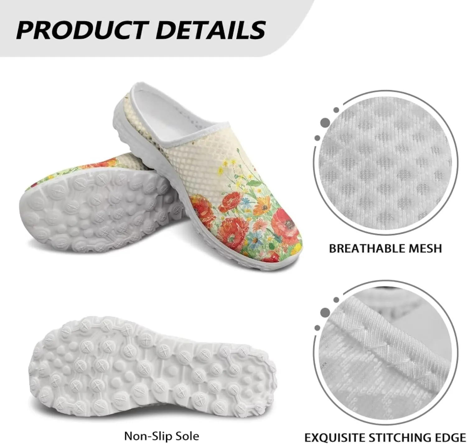 Flower Print Womens Garden Shoes Casual Flats Mules Sneaker Classic Work Loafers with Arch Support US 6-13.5