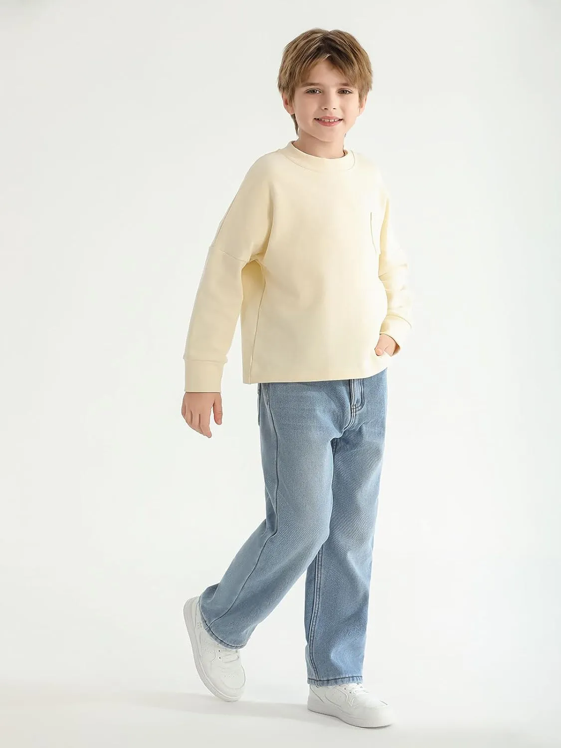 Haloumoning Boys Jeans Kids Fashion Fleece Lined Elastic Waist Denim Pants with Pockets 5-14 Years