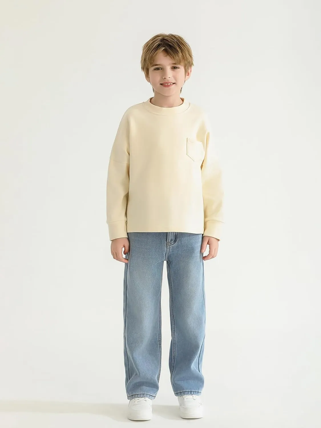 Haloumoning Boys Jeans Kids Fashion Fleece Lined Elastic Waist Denim Pants with Pockets 5-14 Years