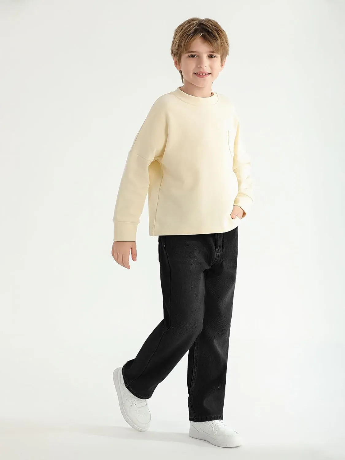 Haloumoning Boys Jeans Kids Fashion Fleece Lined Elastic Waist Denim Pants with Pockets 5-14 Years