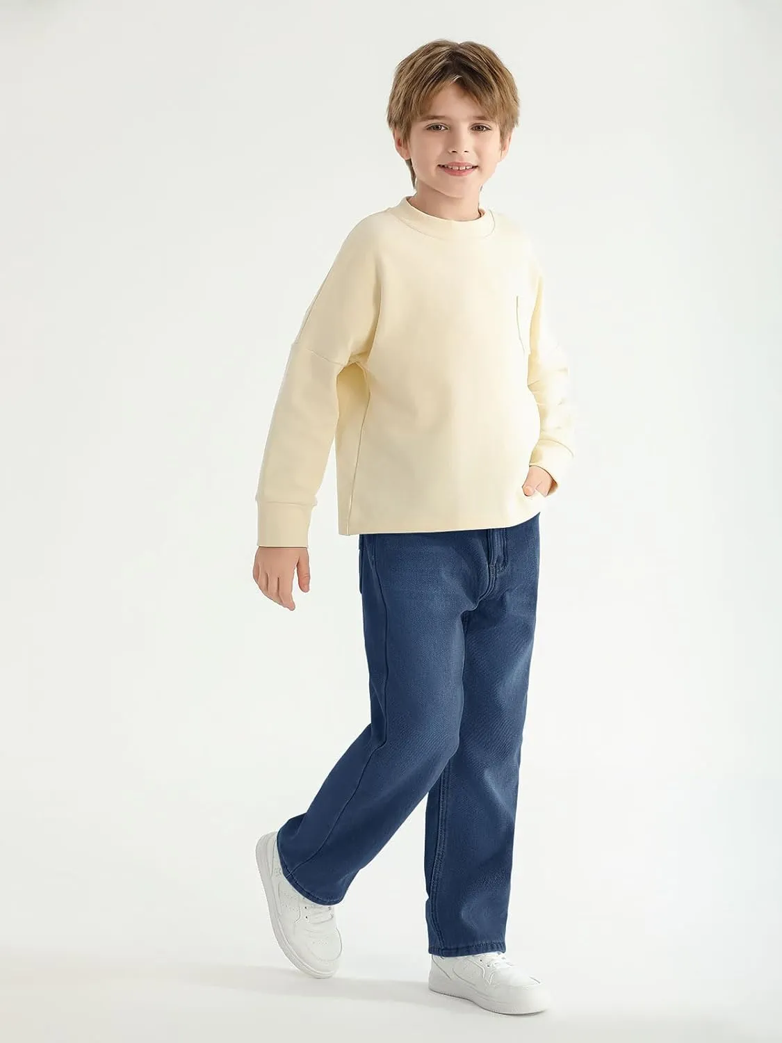Haloumoning Boys Jeans Kids Fashion Fleece Lined Elastic Waist Denim Pants with Pockets 5-14 Years