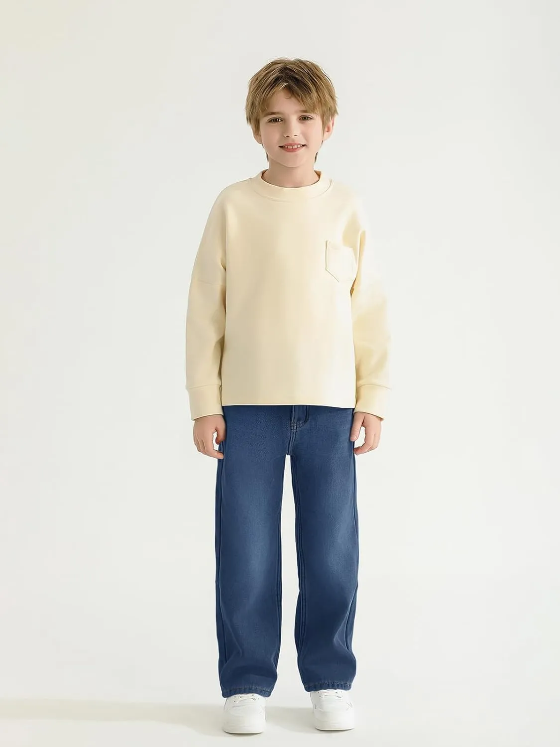 Haloumoning Boys Jeans Kids Fashion Fleece Lined Elastic Waist Denim Pants with Pockets 5-14 Years