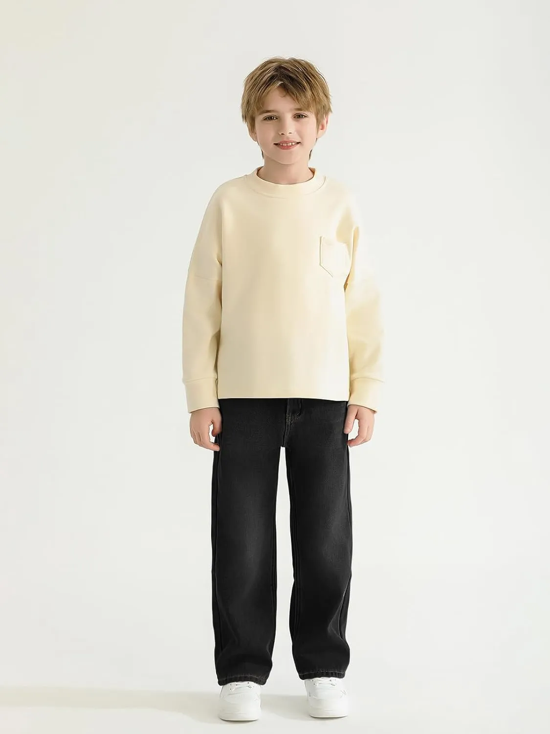 Haloumoning Boys Jeans Kids Fashion Fleece Lined Elastic Waist Denim Pants with Pockets 5-14 Years