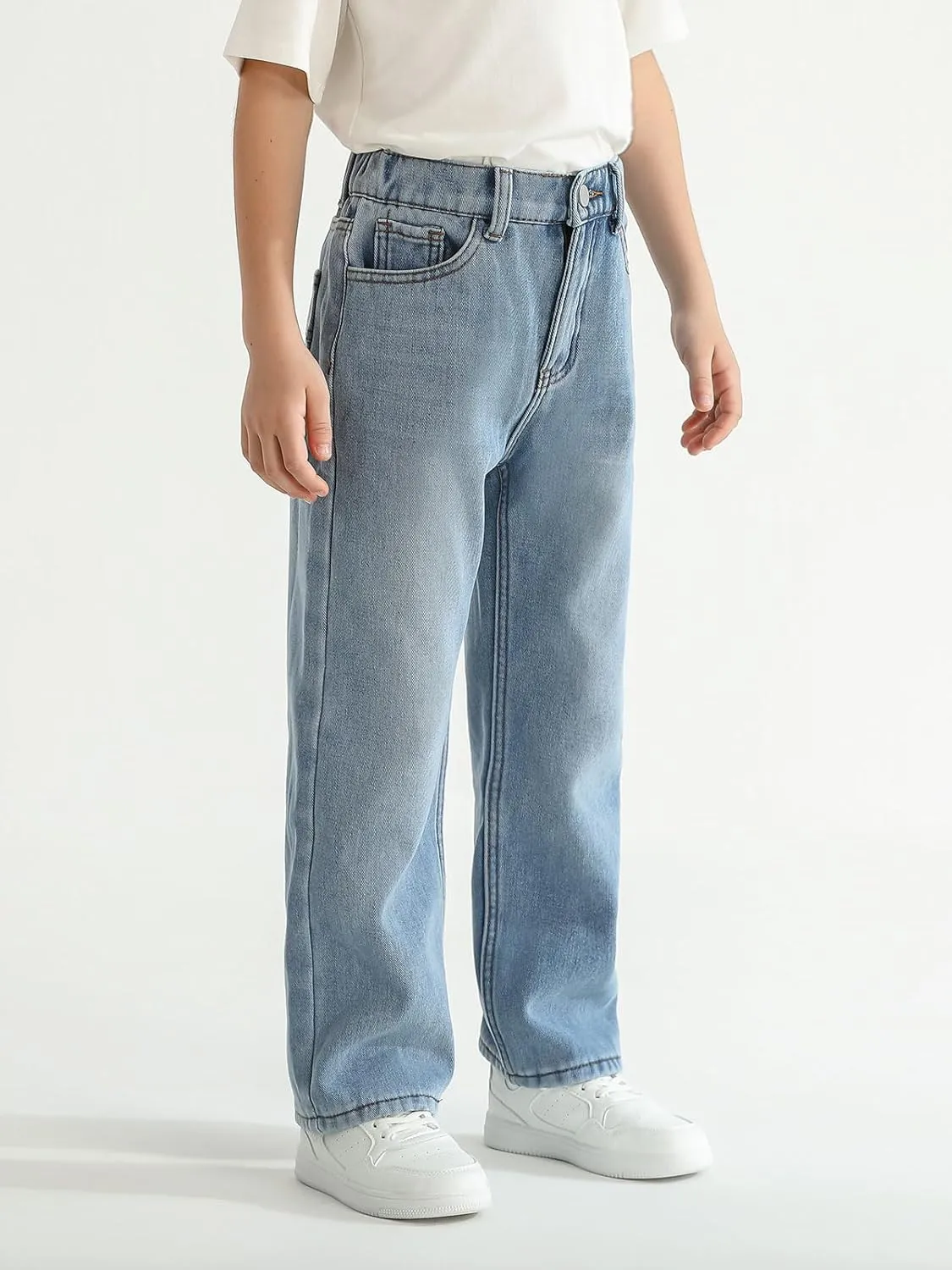Haloumoning Boys Jeans Kids Fashion Fleece Lined Elastic Waist Denim Pants with Pockets 5-14 Years