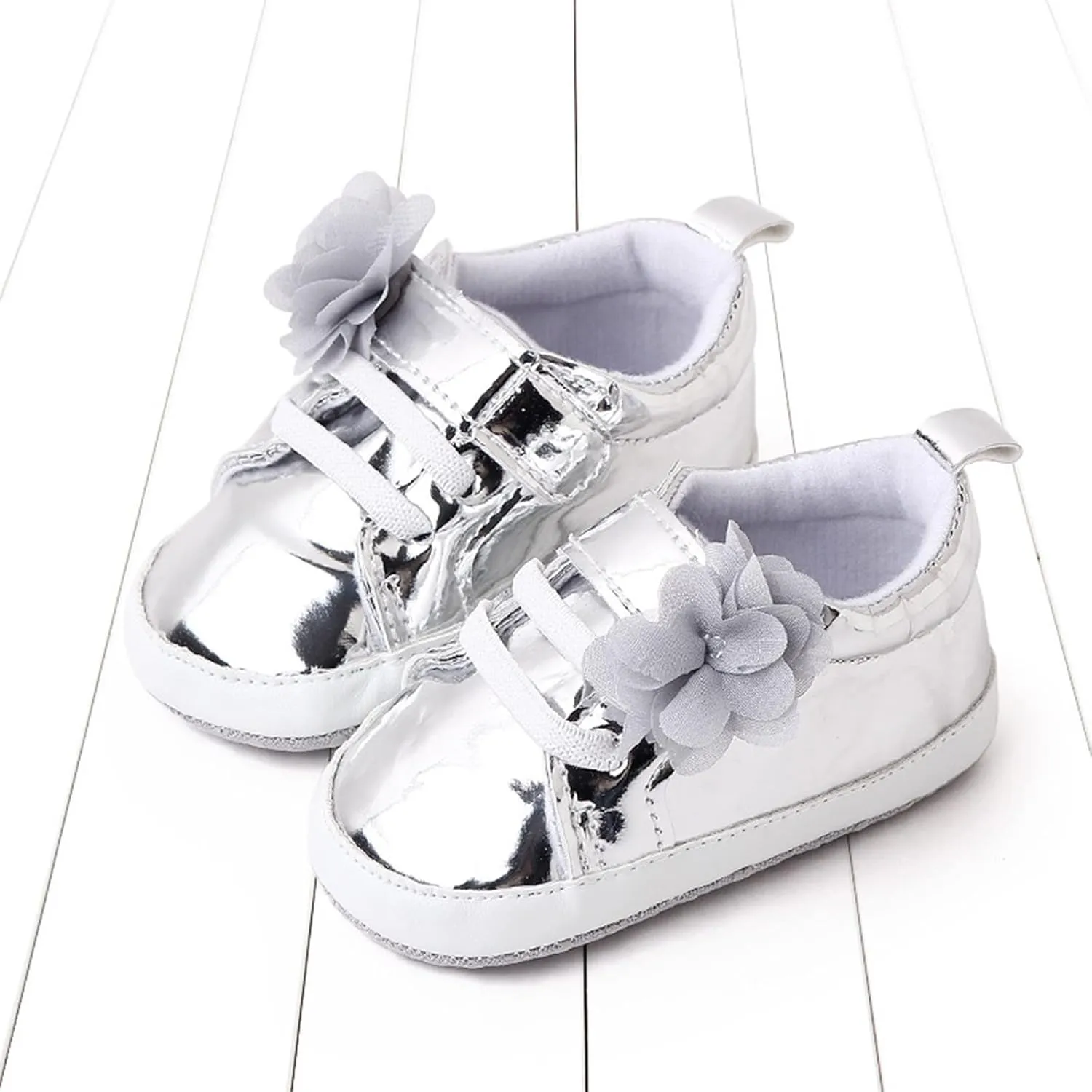 Infant Baby Girls Flower PU Leather Sneakers Toddler Solid Color Soft Sole Anti-Slip Shiny Strap Ankle Dress Shoes