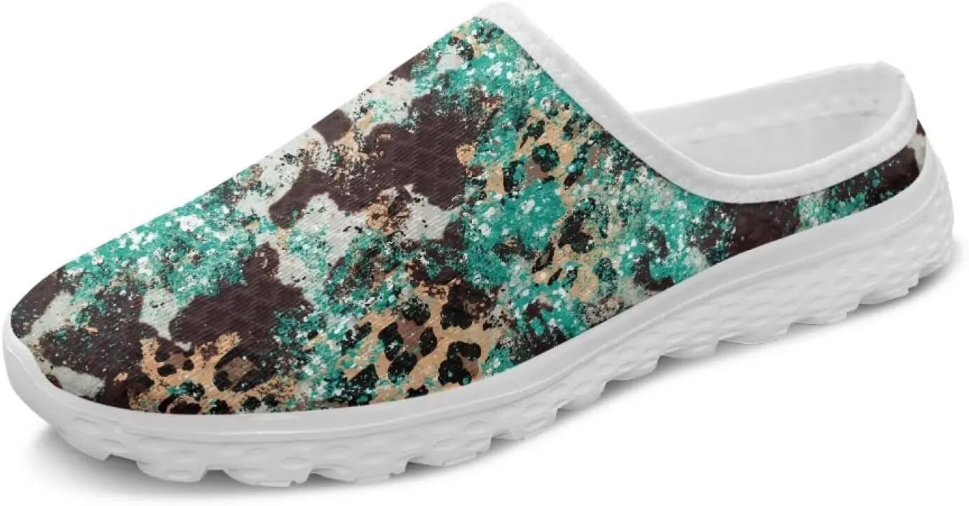 Leopard Print Mule Shoes for Women Slip on Low Top Garden Clogs Mesh Loafers EVA Sole Mule Sneakers US6-13.5