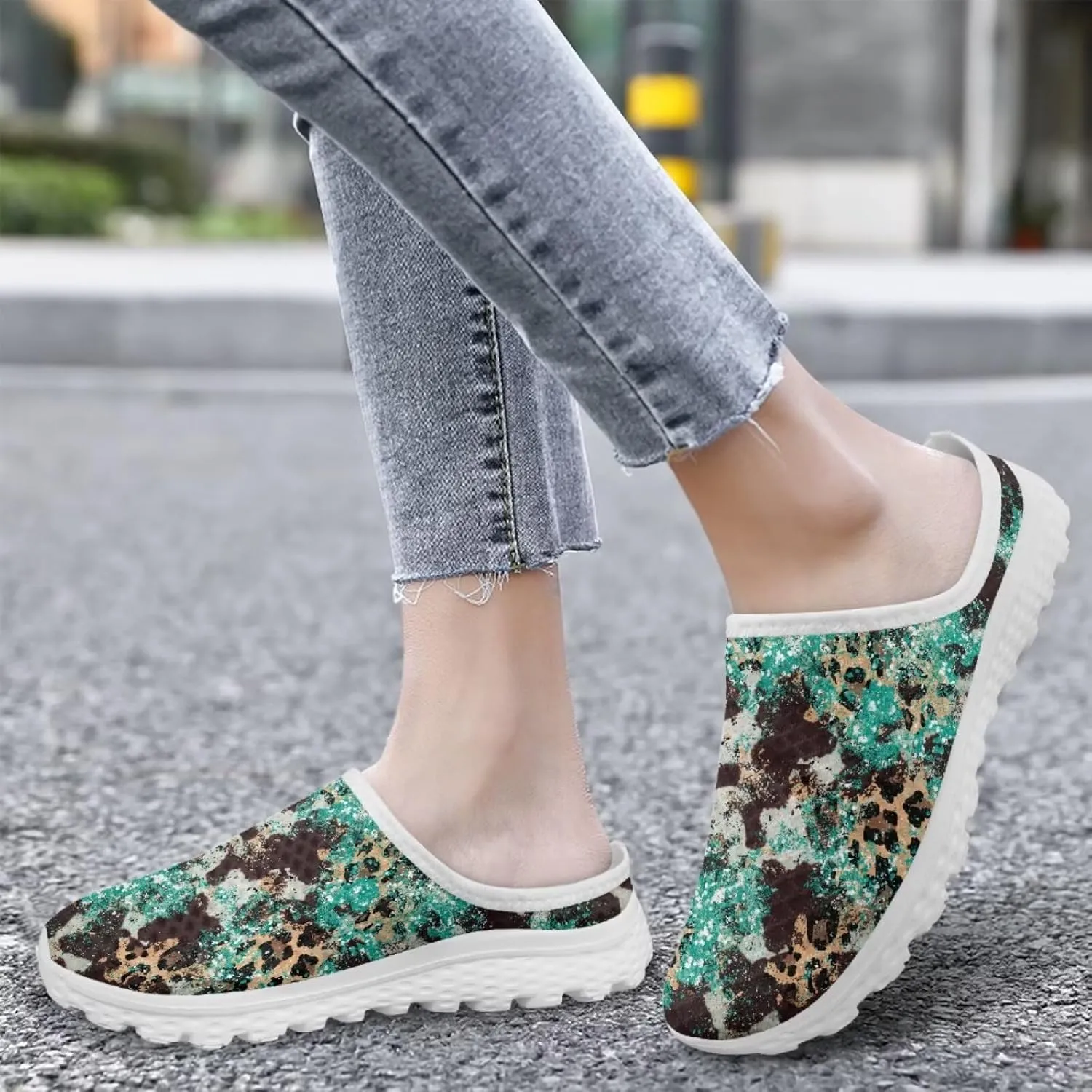 Leopard Print Mule Shoes for Women Slip on Low Top Garden Clogs Mesh Loafers EVA Sole Mule Sneakers US6-13.5