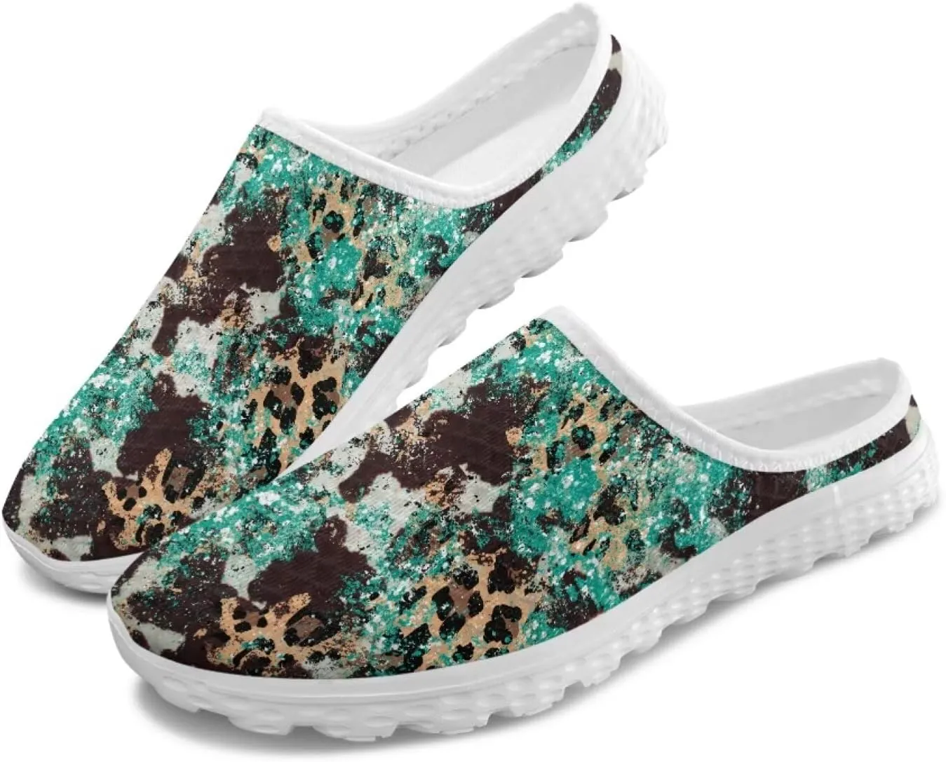 Leopard Print Mule Shoes for Women Slip on Low Top Garden Clogs Mesh Loafers EVA Sole Mule Sneakers US6-13.5