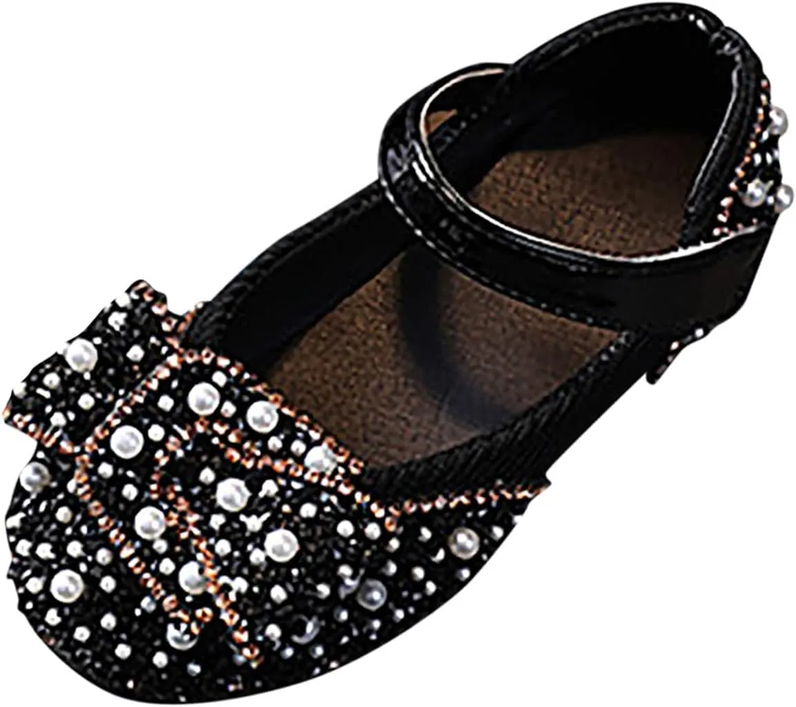 Mary Jane Shoes for Girls Kids Toddler Sequin Pearls Ballerina Flat with Strap Wedding Dance Party School Dress Shoes