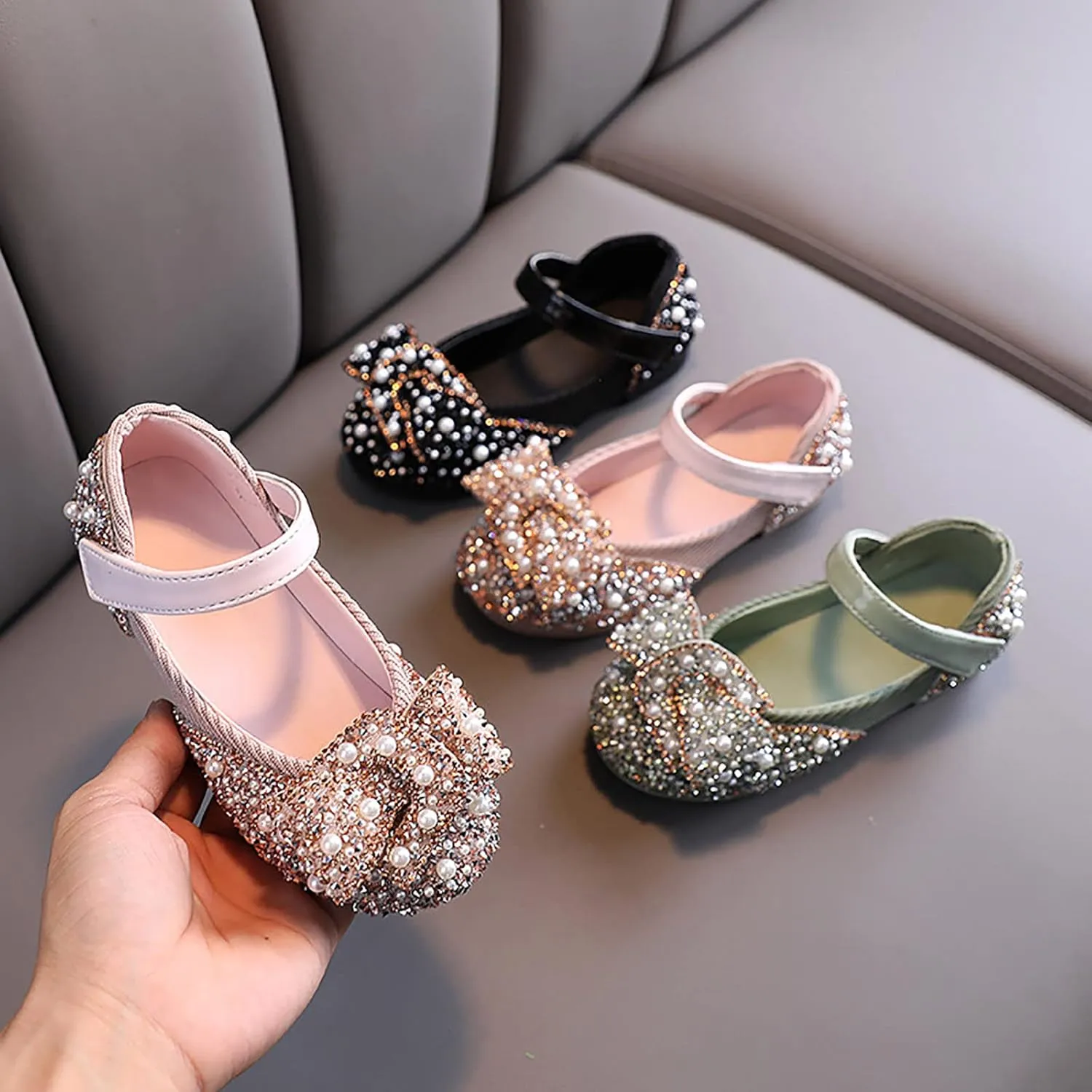 Mary Jane Shoes for Girls Kids Toddler Sequin Pearls Ballerina Flat with Strap Wedding Dance Party School Dress Shoes