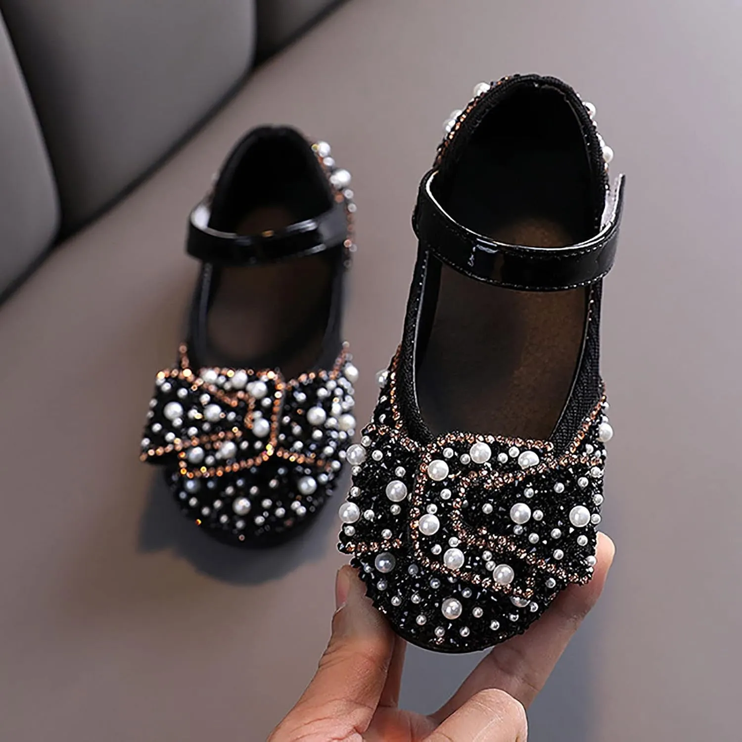 Mary Jane Shoes for Girls Kids Toddler Sequin Pearls Ballerina Flat with Strap Wedding Dance Party School Dress Shoes
