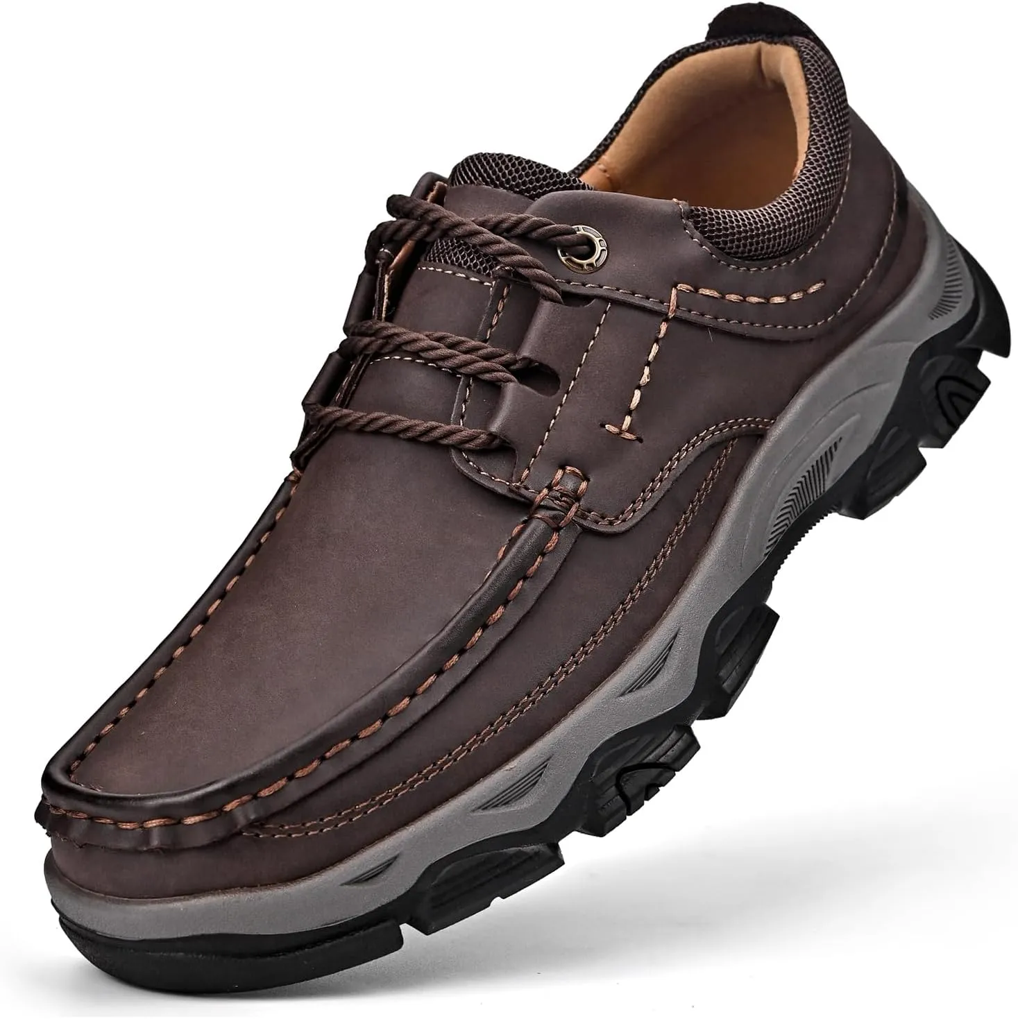 Men's Leather Lace Up Loafers Lightweight Breathable Slip On Casual Shoes Comfortable Non-Slip Fashion Walking Shoes