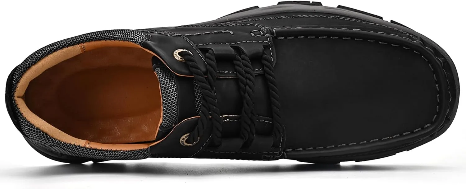 Men's Leather Lace Up Loafers Lightweight Breathable Slip On Casual Shoes Comfortable Non-Slip Fashion Walking Shoes