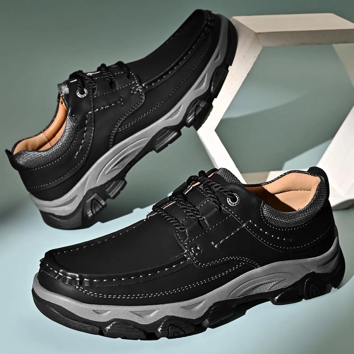 Men's Leather Lace Up Loafers Lightweight Breathable Slip On Casual Shoes Comfortable Non-Slip Fashion Walking Shoes