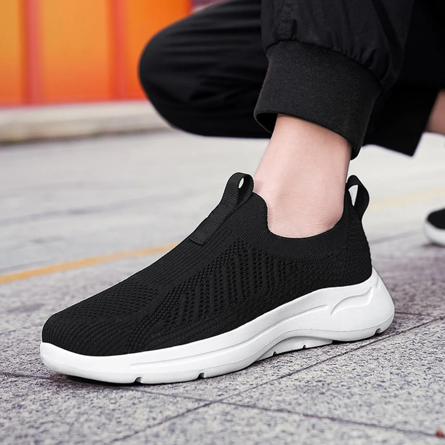 Men's Sports Shoes Versatile Elastic Knit Sneakers Breathable Slip On Sock Shoes Lightweight Workout Shoe