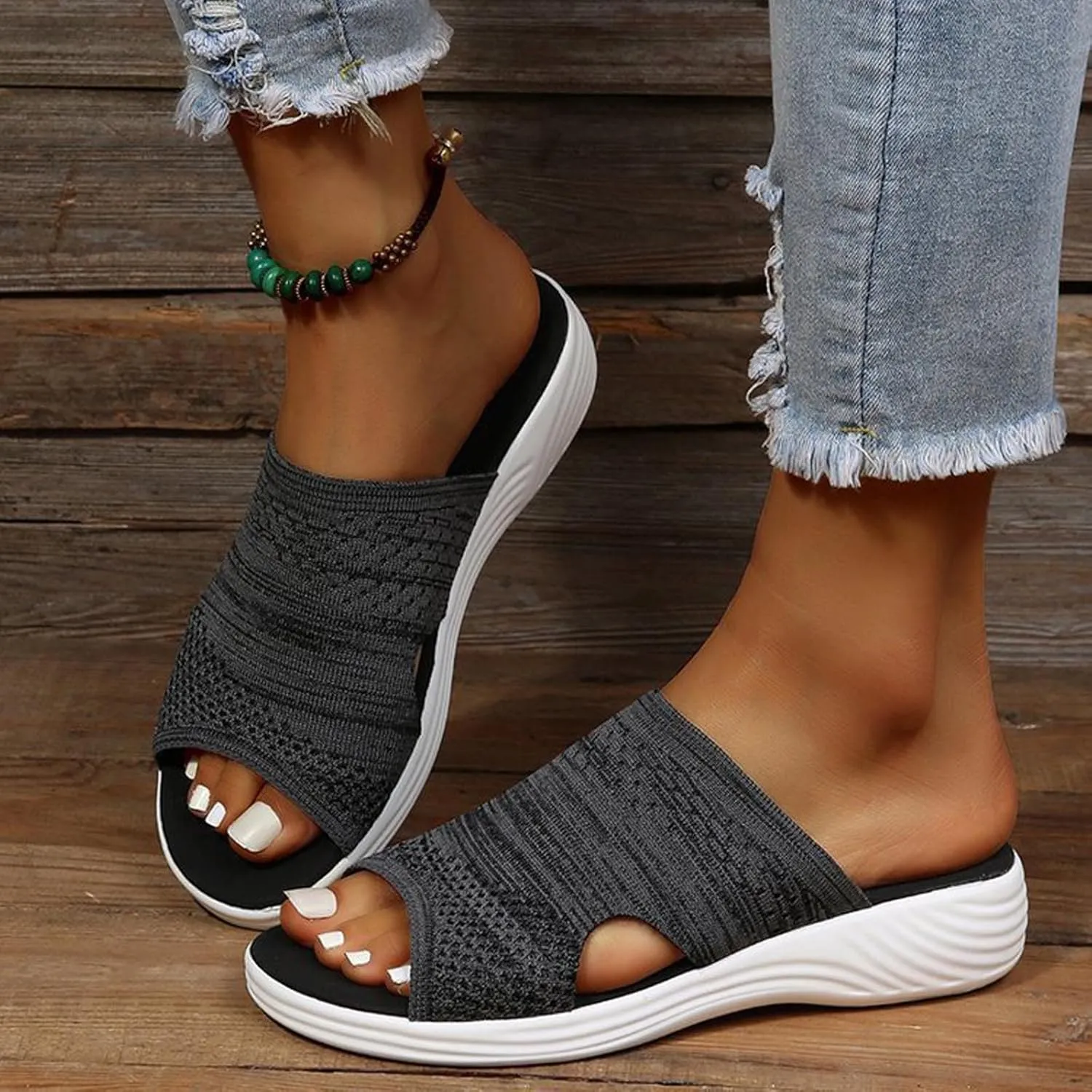 oiangi Sandals Women Dressy Summer Comfortable Wedge Slides Solid Breathable Open Toe Slip on Slipper Lightweight Outdoor Ladies Beach Travel Shoes