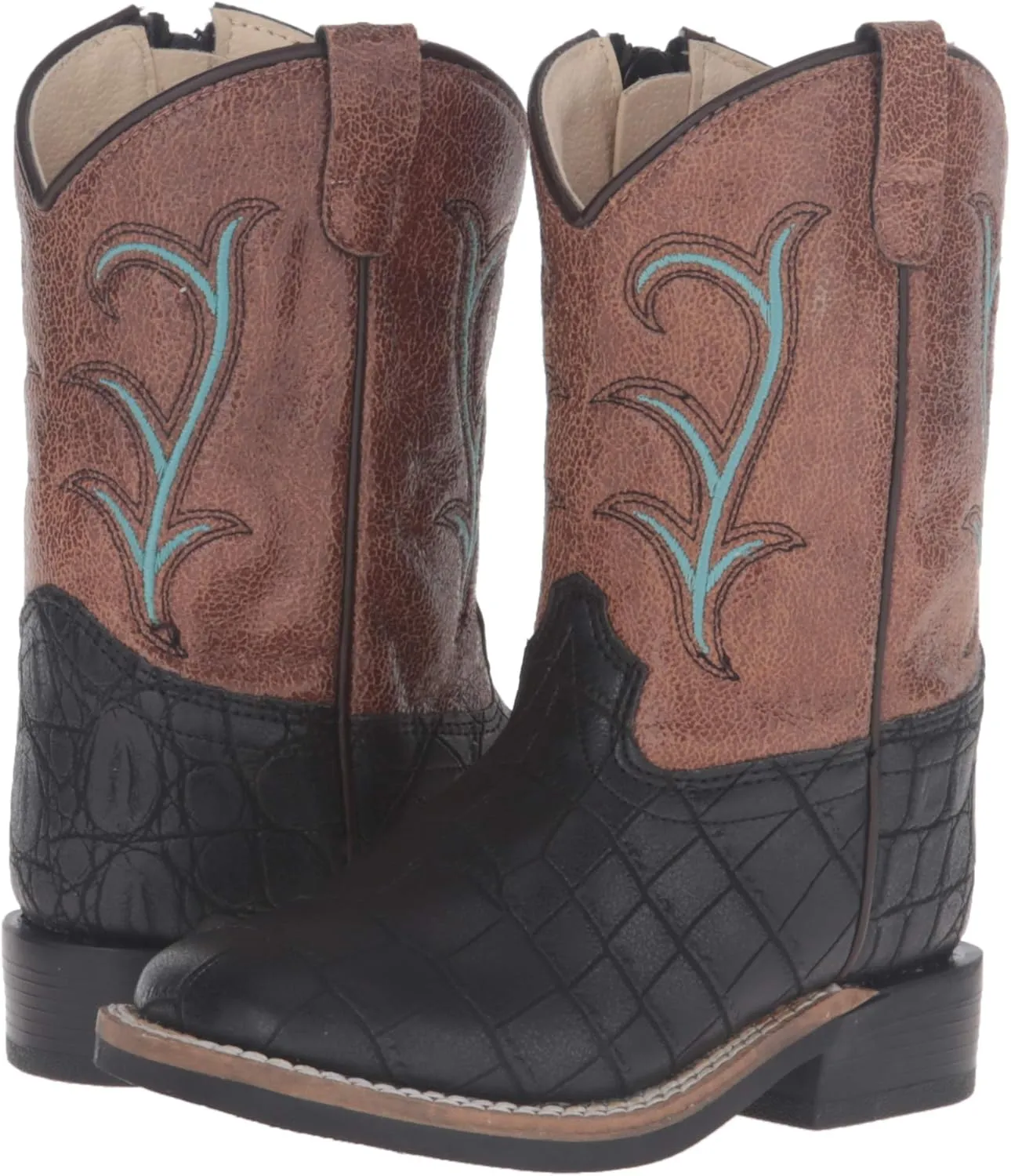 Old West Black/Tan Toddler Boys Faux Leather Croc Cowboy Boots