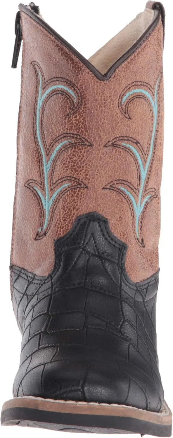 Old West Black/Tan Toddler Boys Faux Leather Croc Cowboy Boots