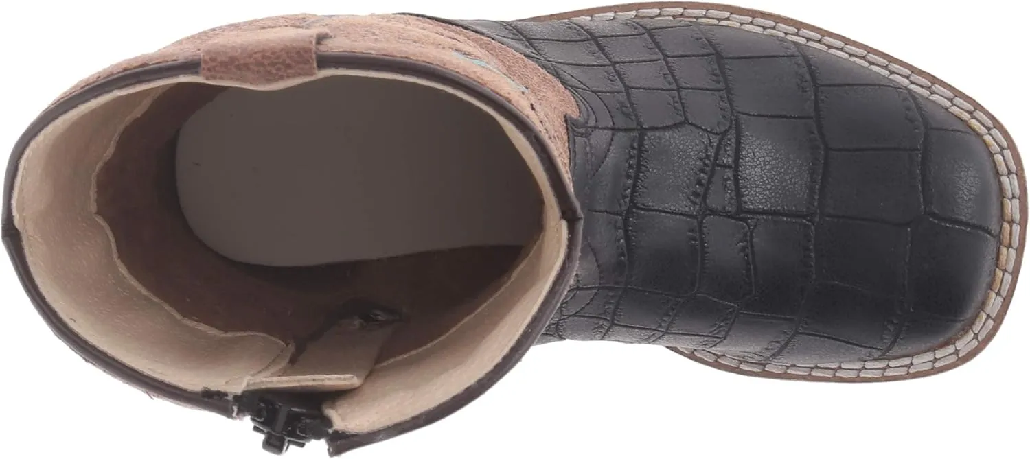 Old West Black/Tan Toddler Boys Faux Leather Croc Cowboy Boots
