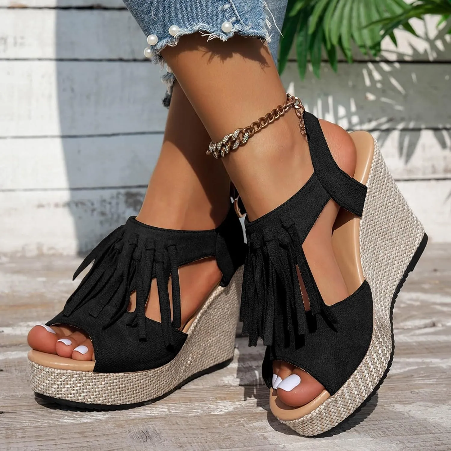Orthopedic Wedge Sandals for Women 2025 Summer Tassel Suede Woven Casual Open Toe Thick Soled High Heels Sandal Lightweight Comfortable Non Slip Outdoor Prom Party Dress Shoes