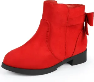 PANDANINJIA Polly Girls Boots Toddler Kids Ankle Boots Dress Short Bow Booties with Side Zipper (Red Suede, 3 M US Little Kid)