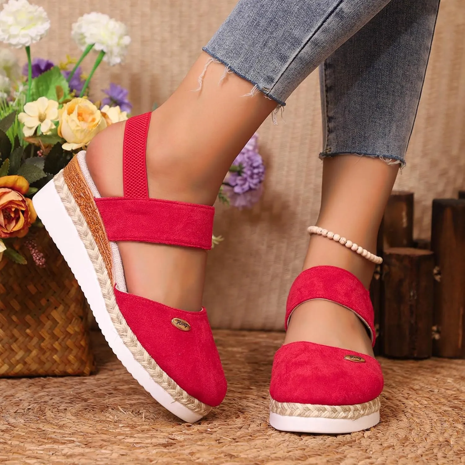 Platform Sandals Women Braided Wedge Platform Sandals Fish Mouth Heels Casual Elastic Ankle Strap Dress Flats Slides
